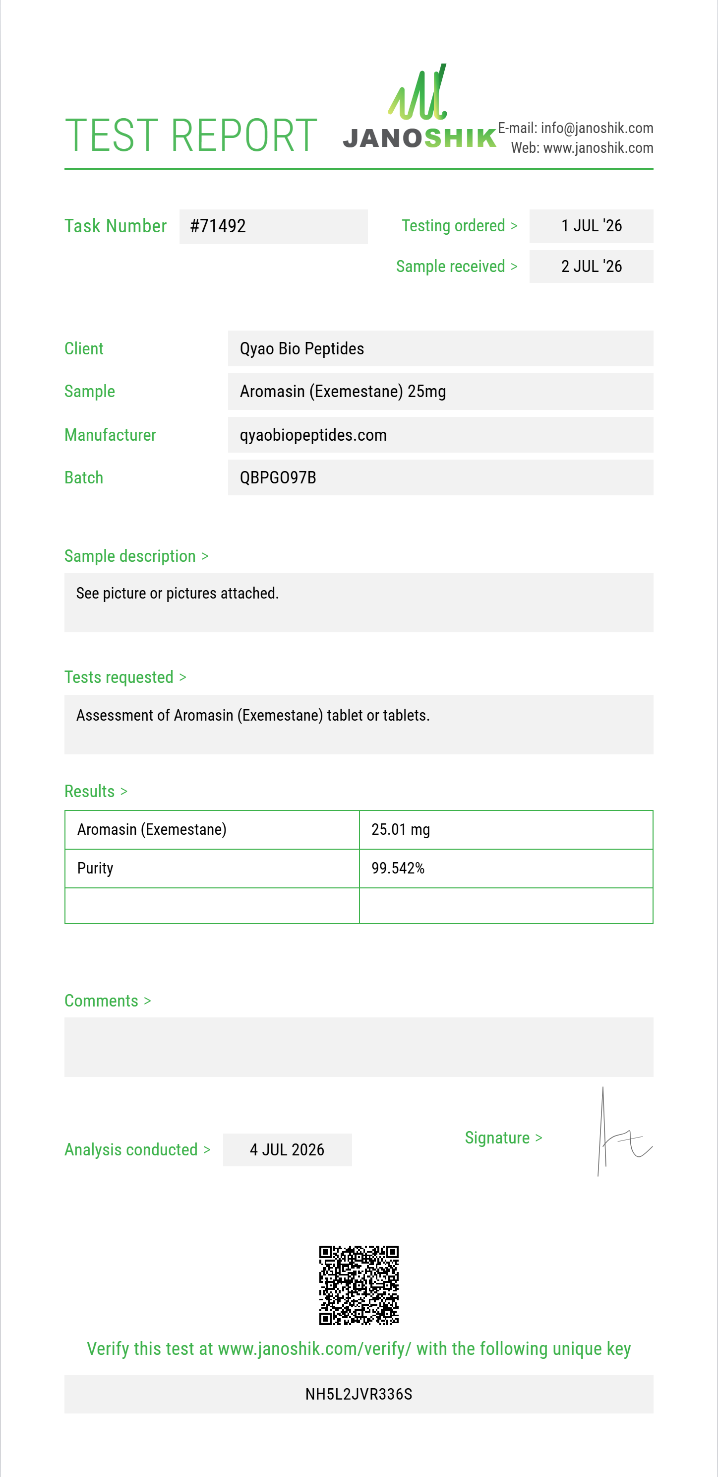 Aromasin (Exemestane) Purity (HPLC) report by Janoshik Analytical