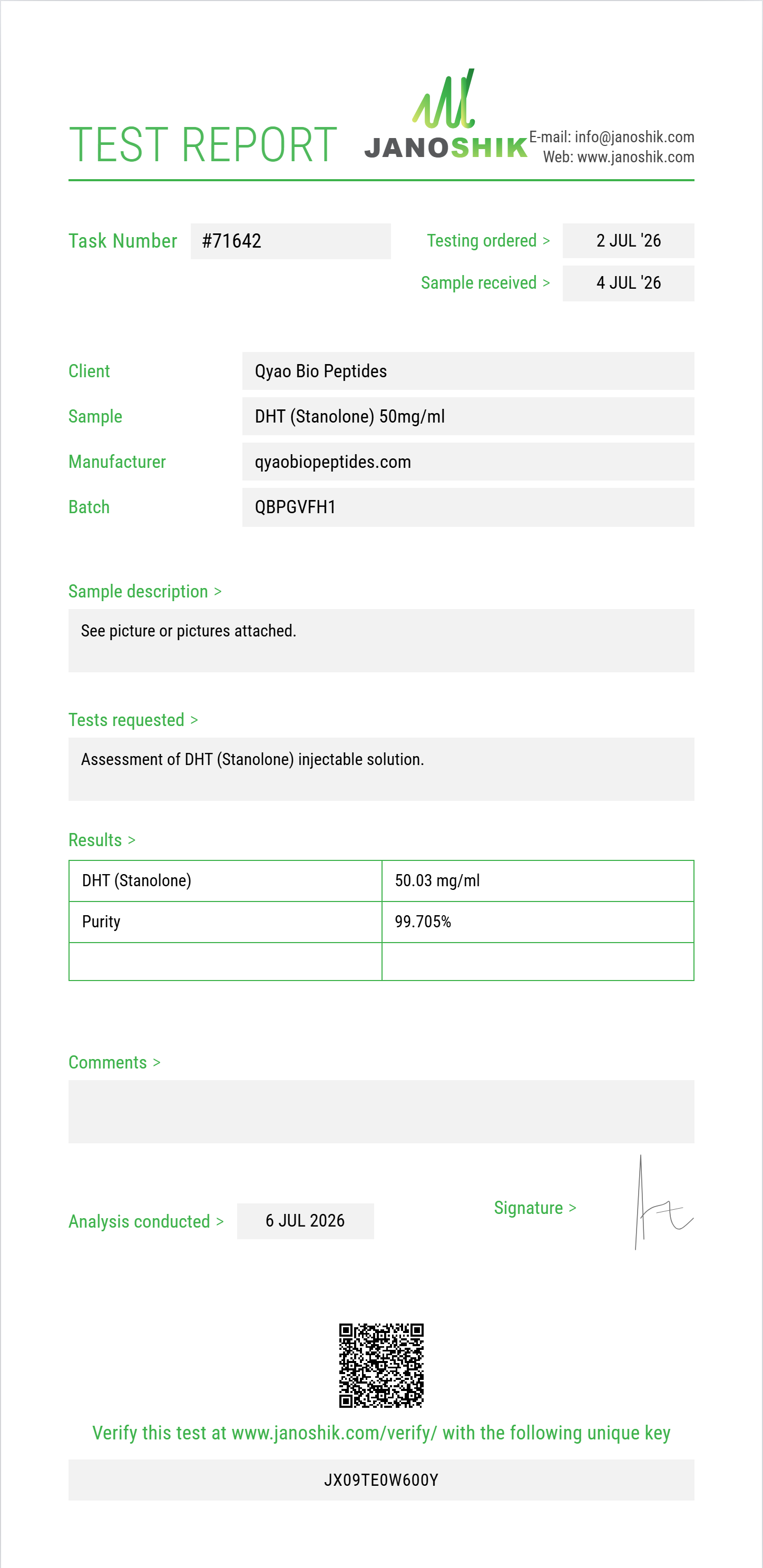 DHT (Stanolone) Purity (HPLC) report by Janoshik Analytical