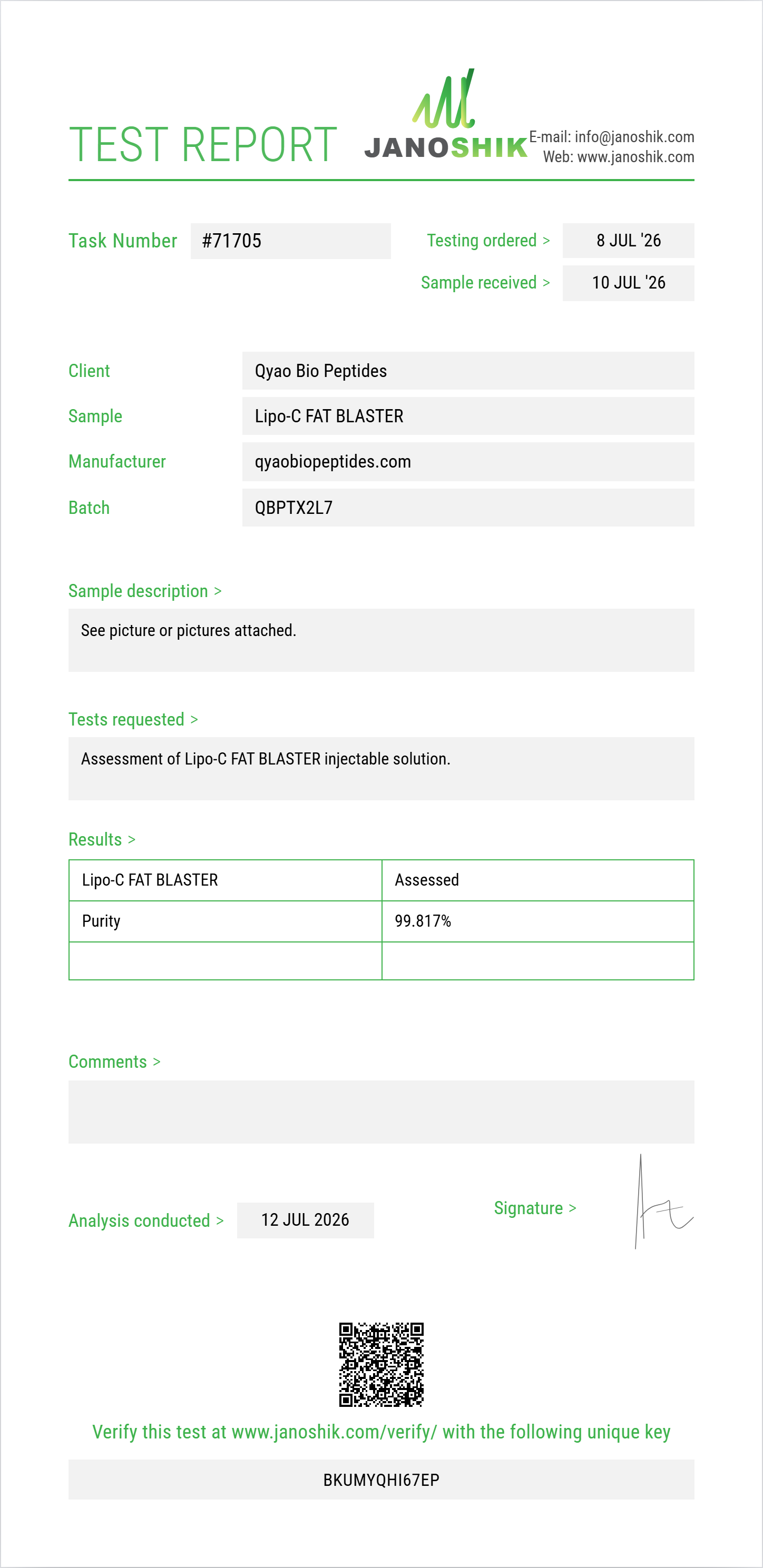 Lipo-C FAT BLASTER Purity (HPLC) report by Janoshik Analytical