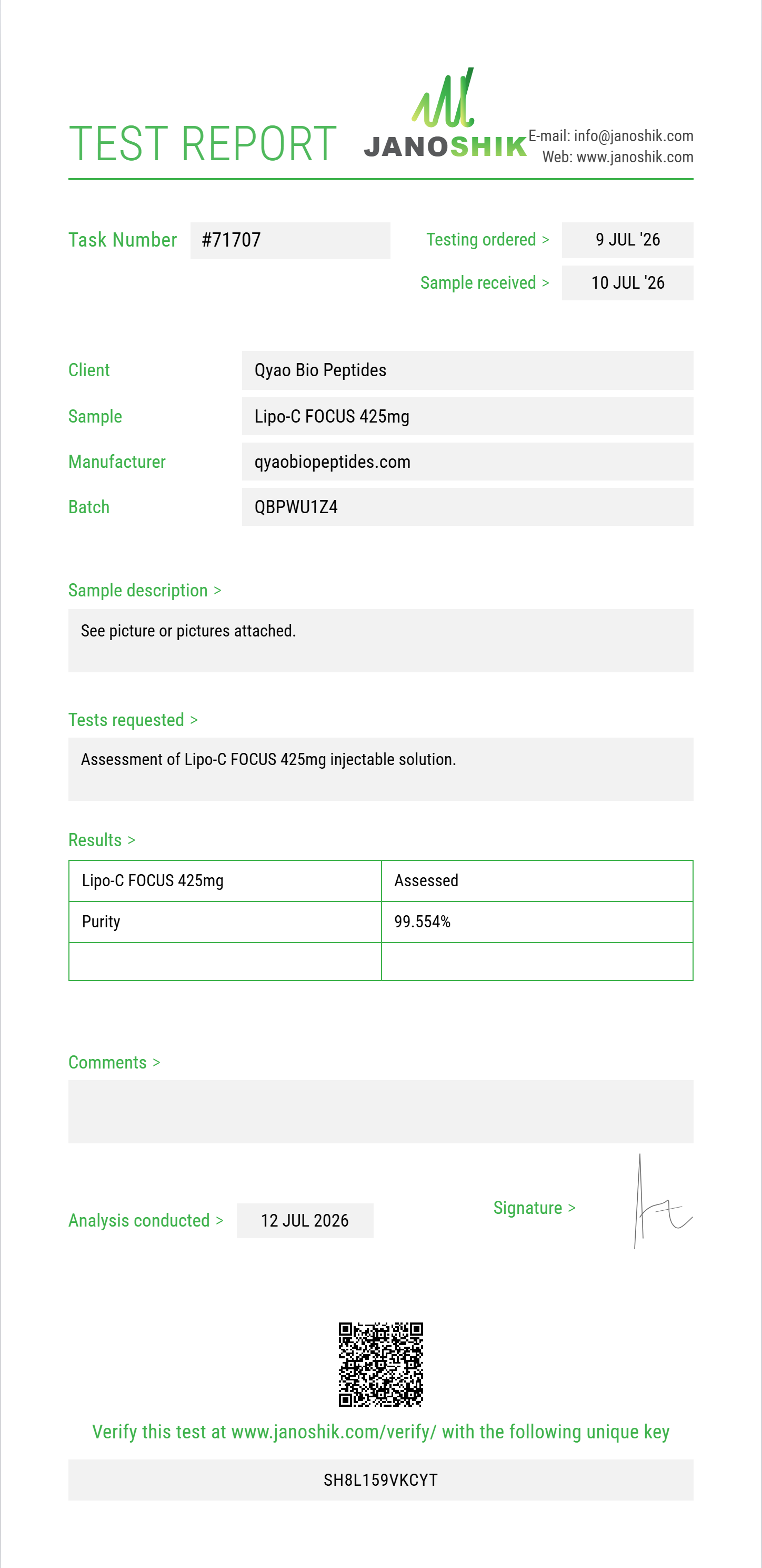Lipo-C FOCUS 425mg Purity (HPLC) report by Janoshik Analytical