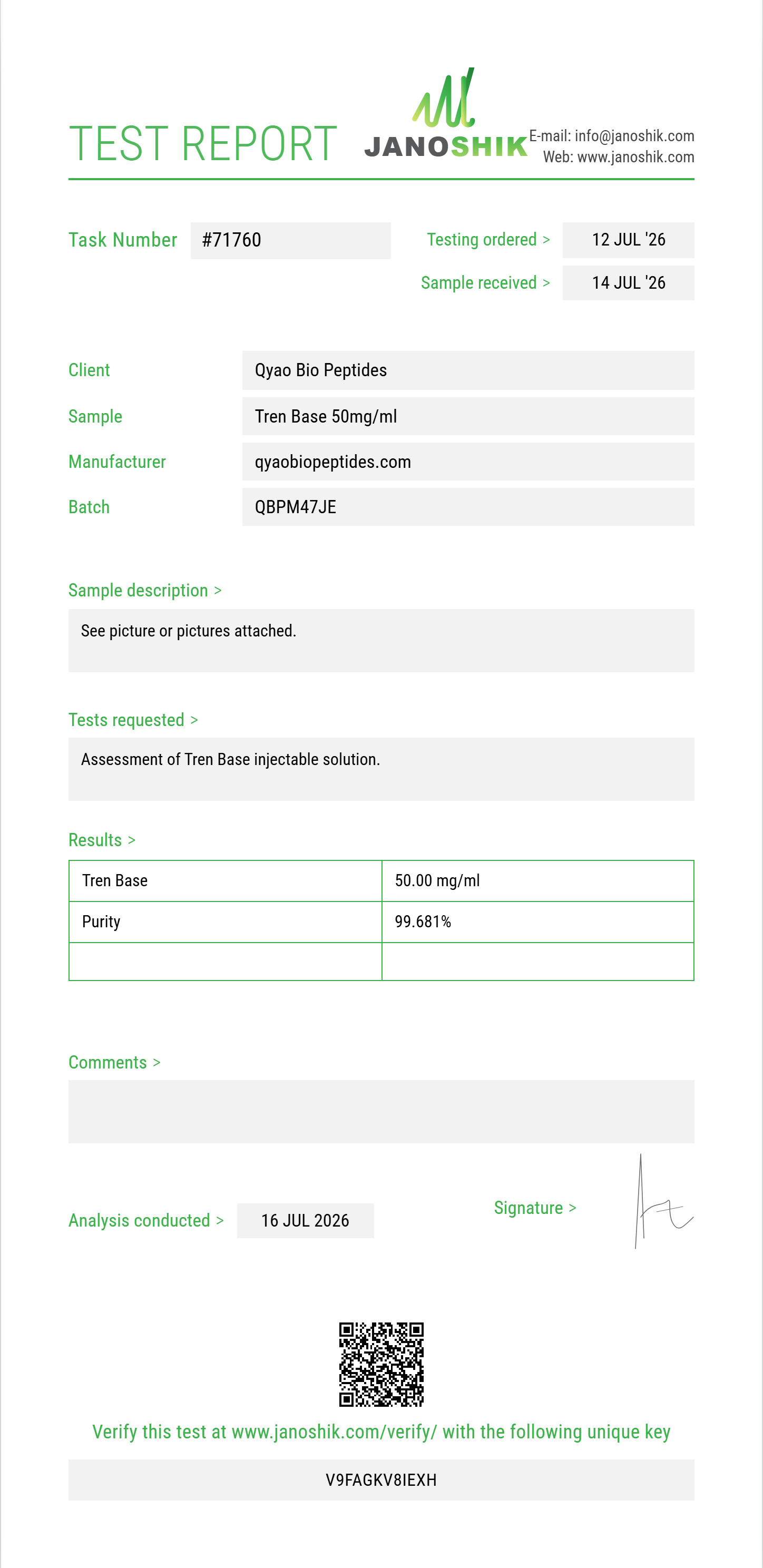 Tren Base Purity (HPLC) report by Janoshik Analytical