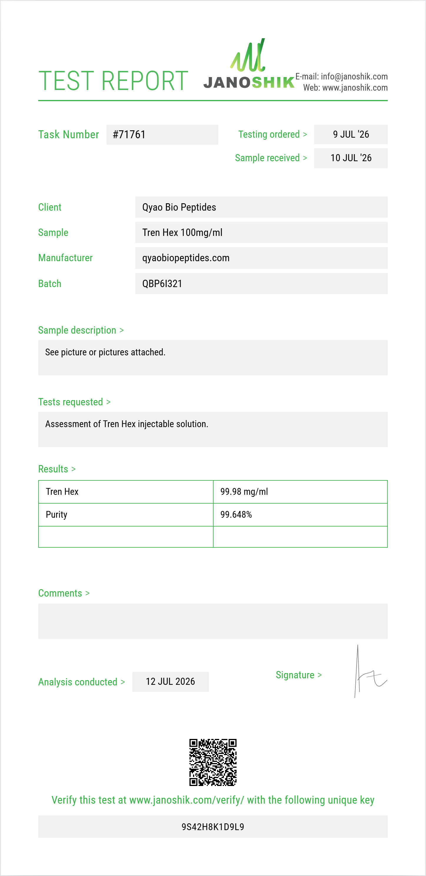 Tren Hex Purity (HPLC) report by Janoshik Analytical