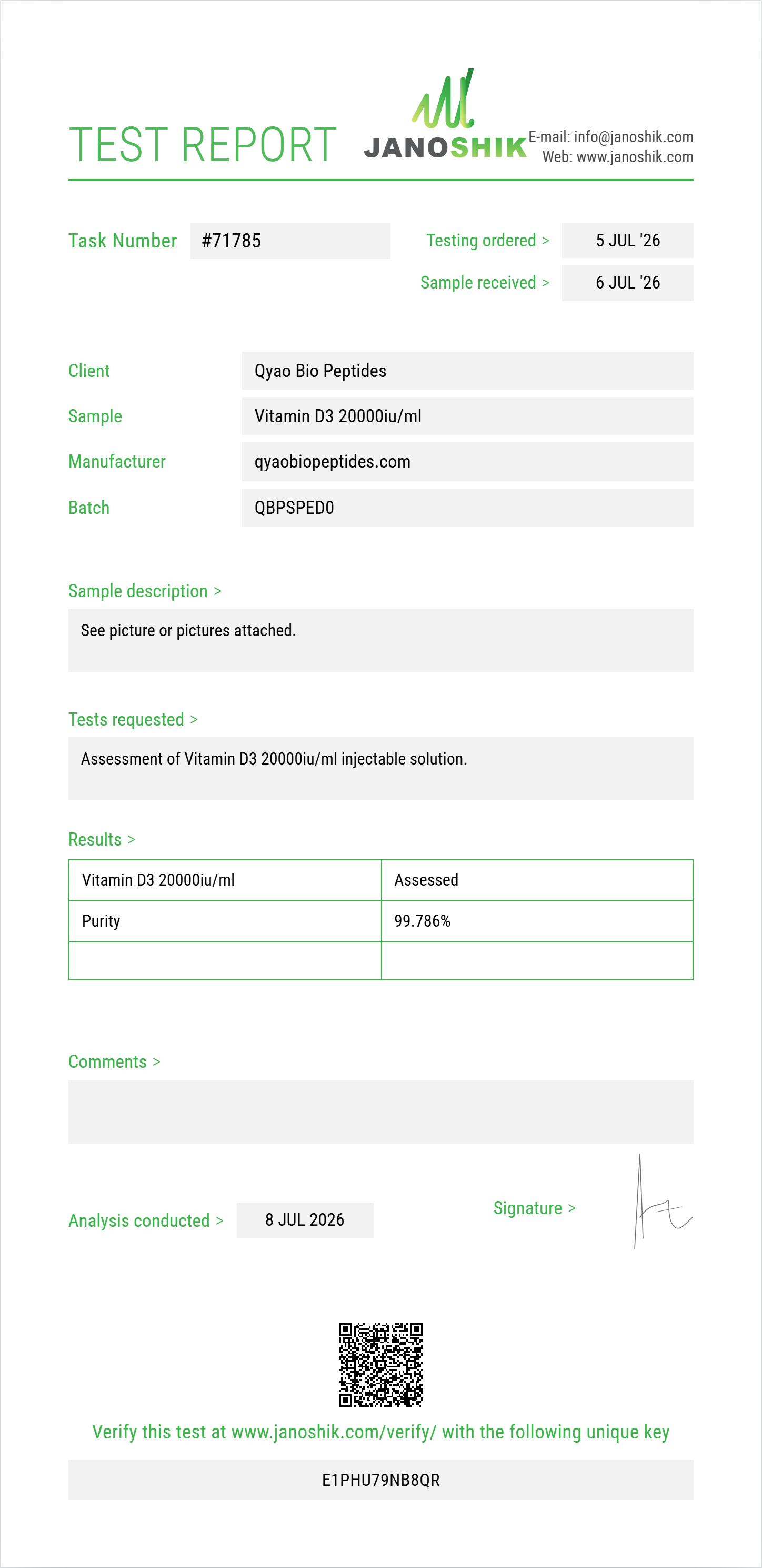 Vitamin D3 20000iu/ml Purity (HPLC) report by Janoshik Analytical