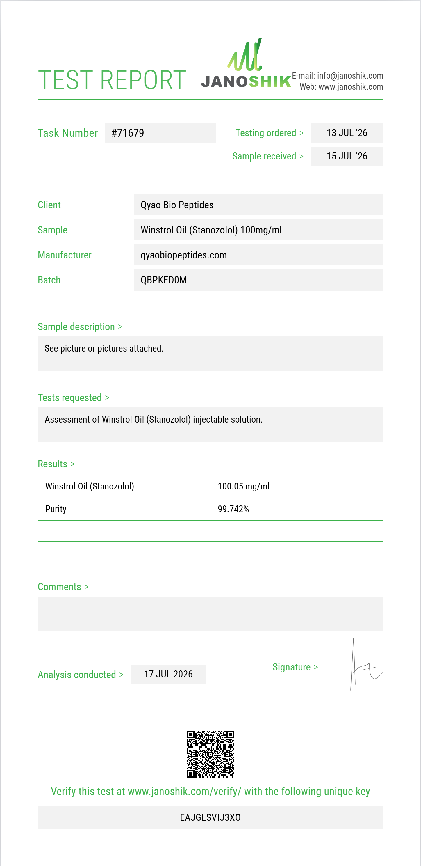 Winstrol Oil (Stanozolol) Purity (HPLC) report by Janoshik Analytical