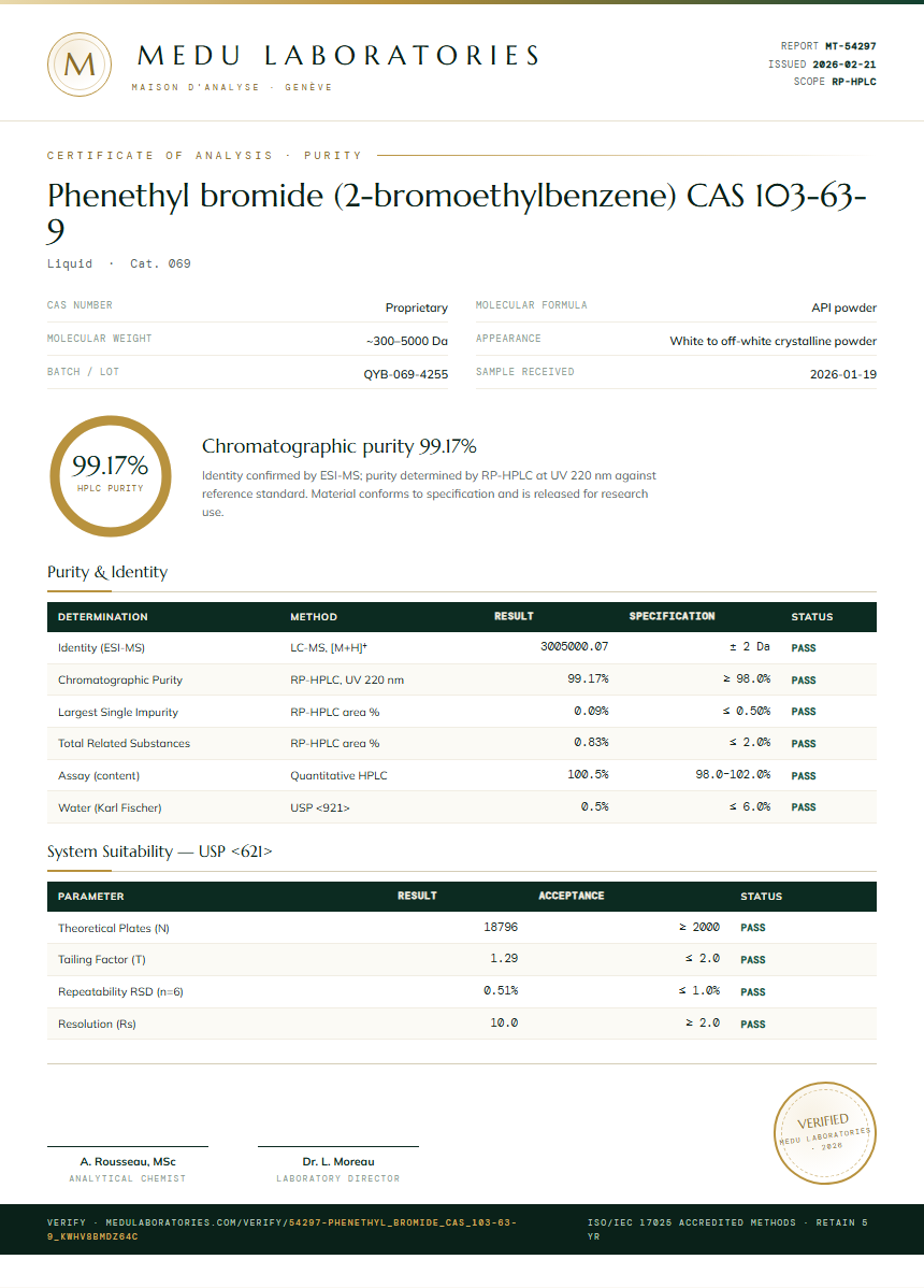 Phenethyl bromide (2-bromoethylbenzene) CAS 103-63-9 Purity Test Report by Medu Laboratories
