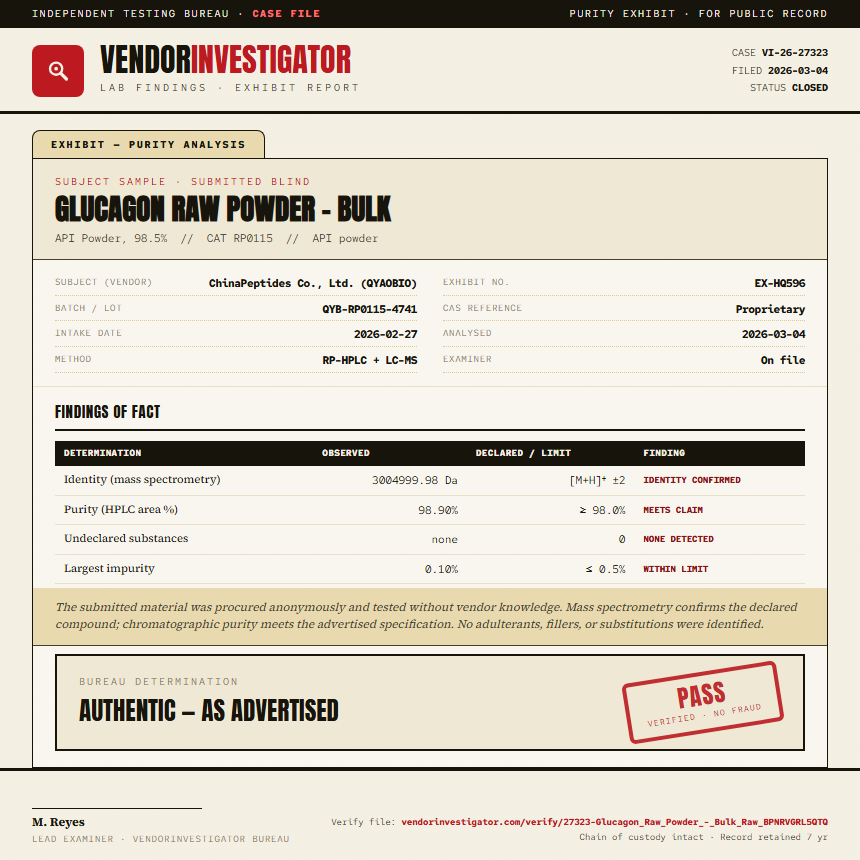 Glucagon Raw Powder - Bulk Purity (HPLC) report by VendorInvestigator
