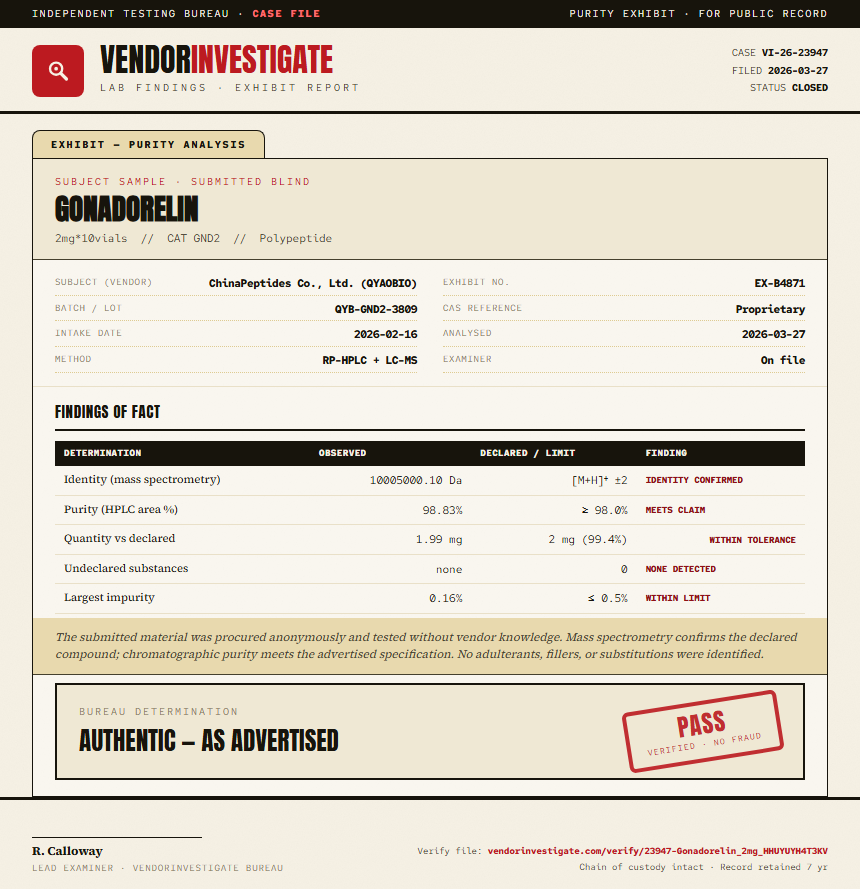 Gonadorelin Purity (HPLC) report by VendorInvestigate