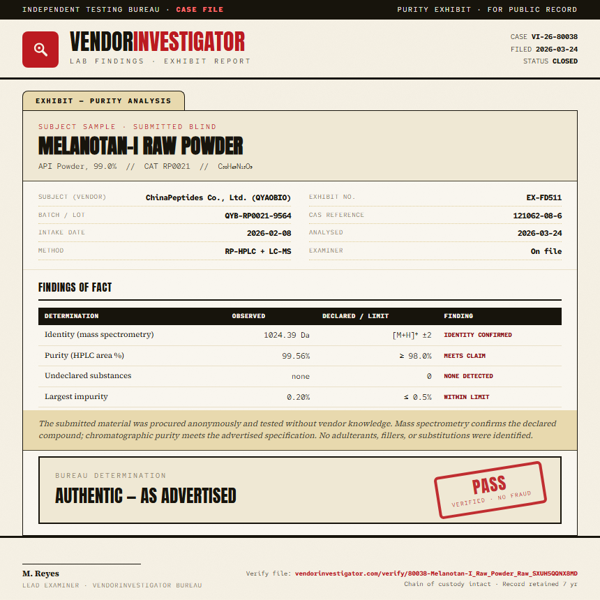 Melanotan-I Raw Powder Purity (HPLC) report by VendorInvestigator
