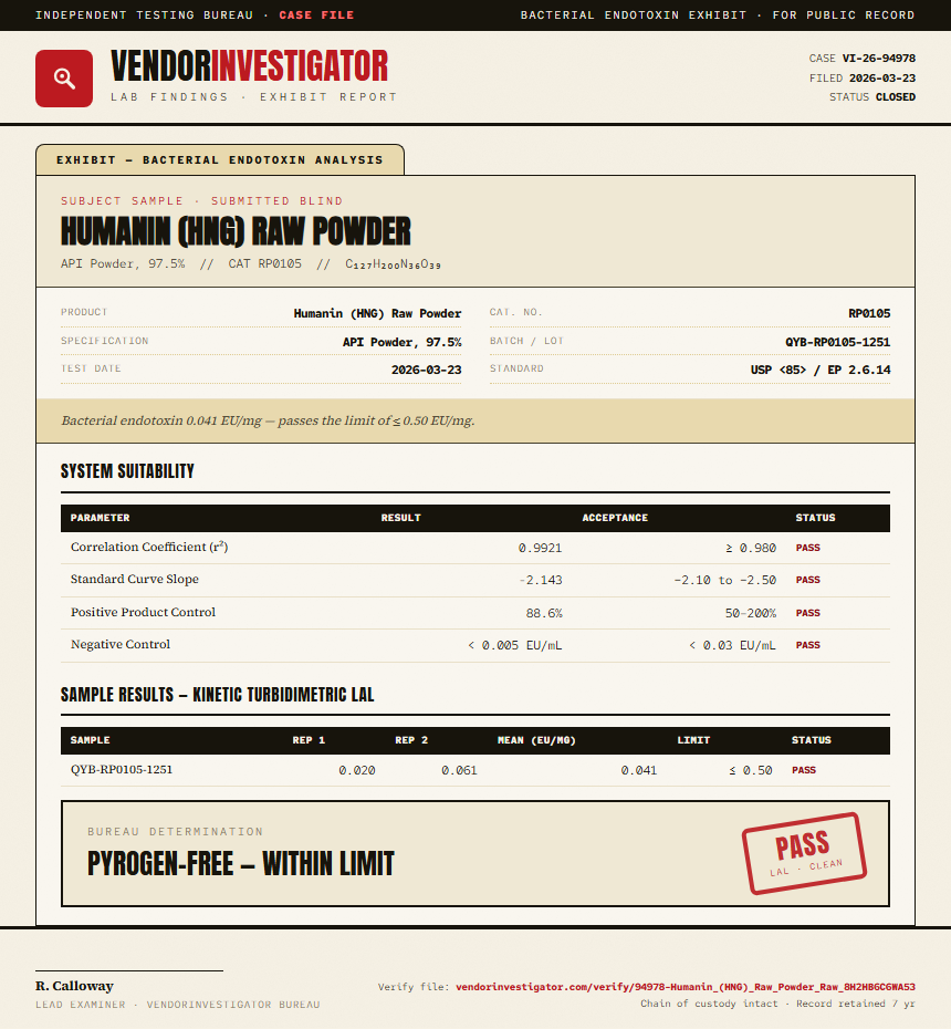 Humanin (HNG) Raw Powder Endotoxin report by VendorInvestigator